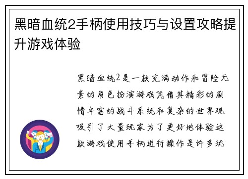黑暗血统2手柄使用技巧与设置攻略提升游戏体验
